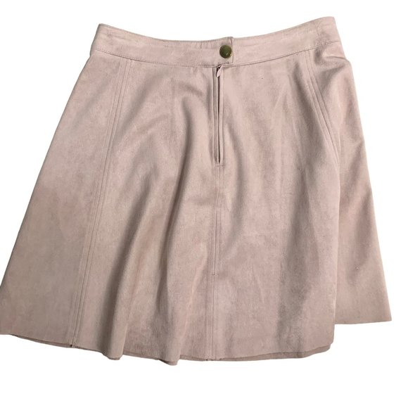 H&M Faux Suede Mini Skater Skirt 8 Mauve Button Zip Stretch Unlined Flat Front - Picture 3 of 5